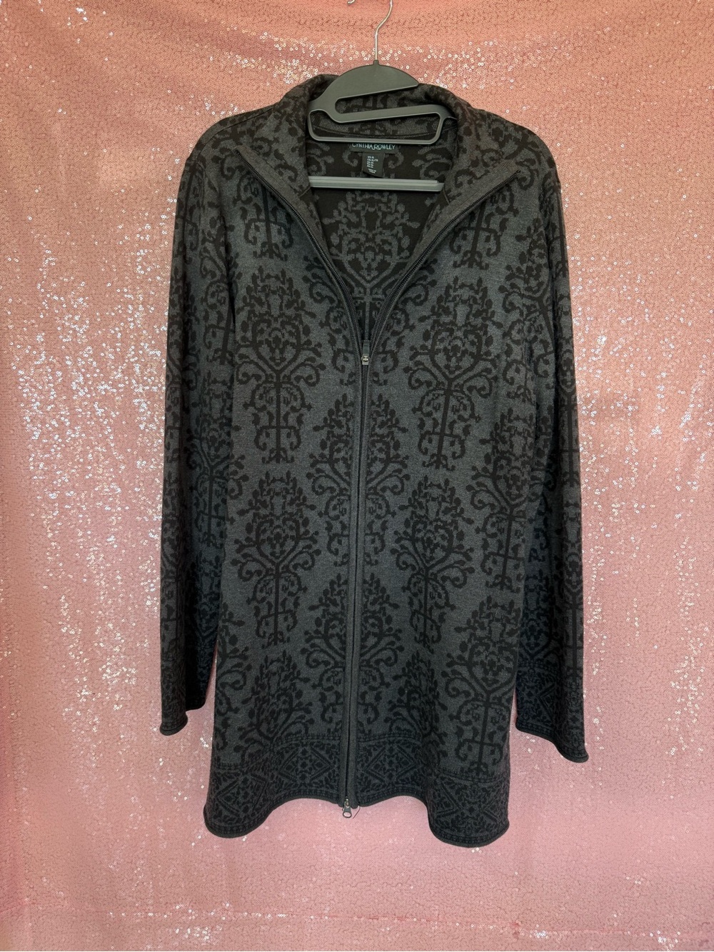 Cynthia Rowley Black & Gray Damask Zip-Front Trench Coat